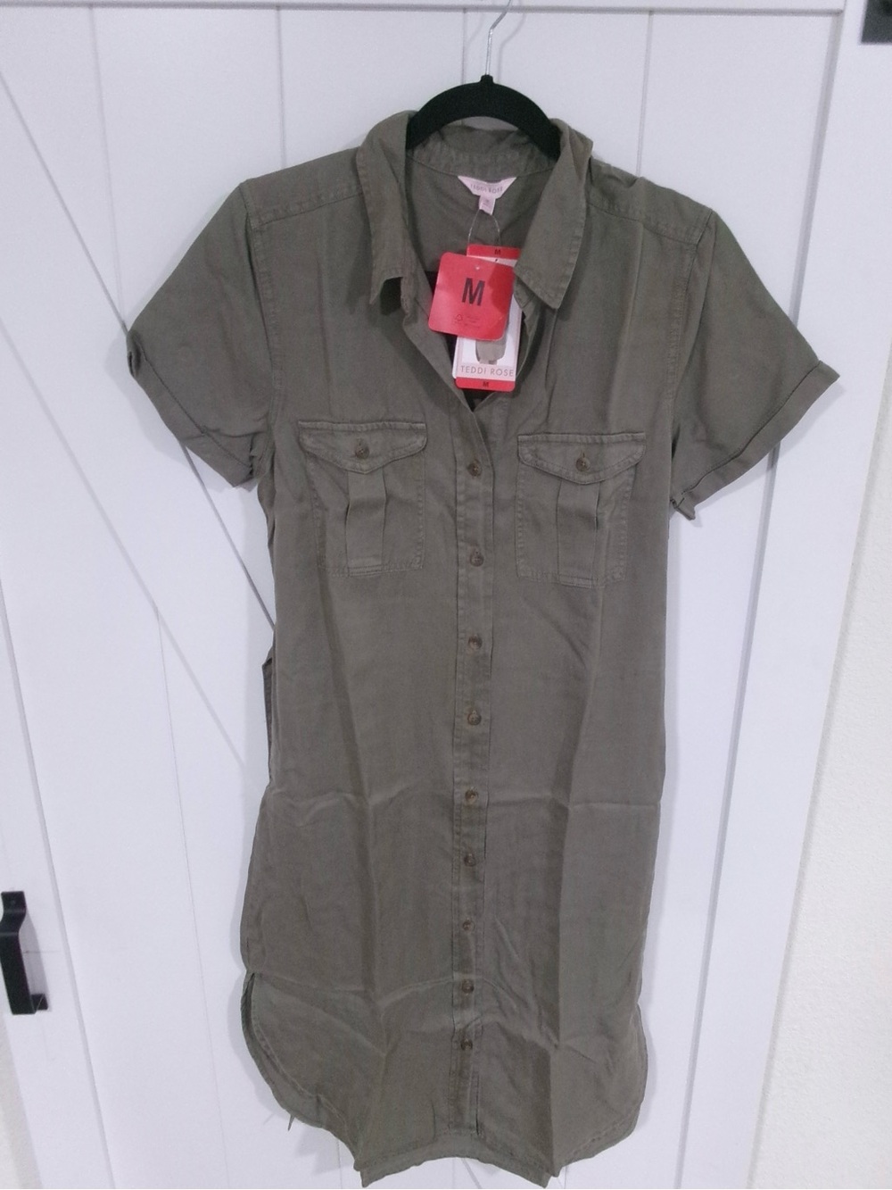 Olive Button-Front Maxi Shirt Dress - M